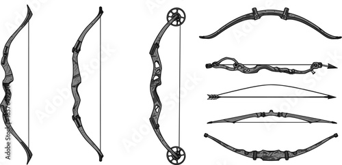 Set of realistic bow and arrow illustrations, featuring traditional longbow, compound bow, and arrows, cad drawing flat vector illustration.