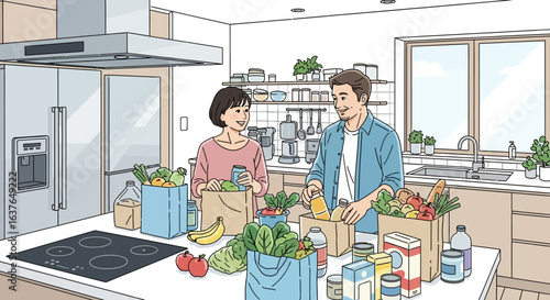 A smiling couple unpacking groceries together in a modern, well-lit kitchen, preparing food.