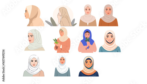 A diverse collection of modern flat vector illustrations featuring portraits of Muslim women wearing various styles of hijabs, showcasing cultural representation.