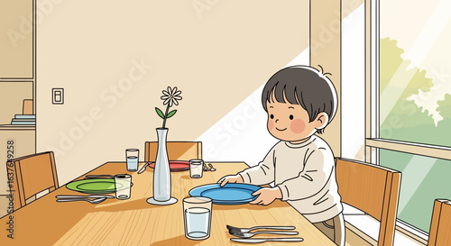 A young child setting the table with plates, cutlery, and a vase of flowers in a brightly lit dining room.