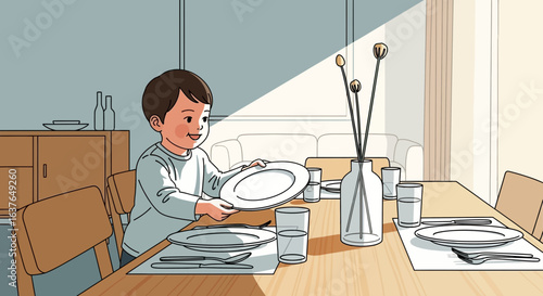 A young boy is setting the table with plates and silverware in a bright, modern dining room, preparing for a meal.