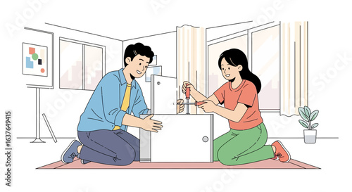 A young couple assembles a white cabinet together in their living room, using a screwdriver and working collaboratively on the furniture project.