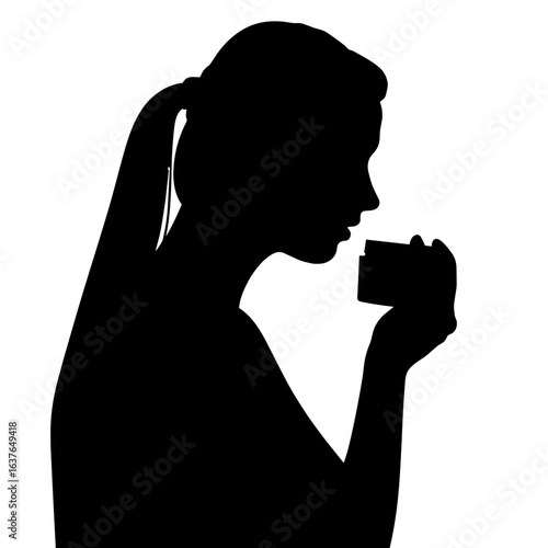 Silhouette of woman holding small jar, isolated on white. Silhouette portrays elegance as lady sniffs cream, face turned in profile, showcasing beauty and care.