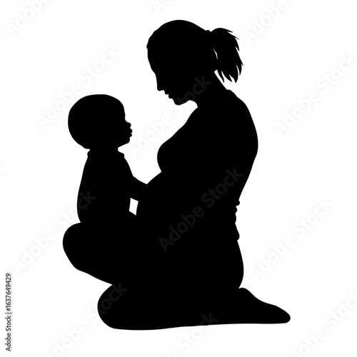 Silhouette of pregnant woman holding her child with love and care. Silhouette of expectant mother embracing small child symbolizes family bond, affection, and hope.