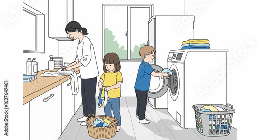 A woman washes dishes while a girl folds laundry and a boy loads clothes into a washing machine in a bright, minimalist laundry room.