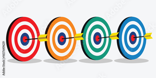 A Row of Colorful Targets Hit in the Bullseye Success and Goal Achievement Metaphor Business Vector