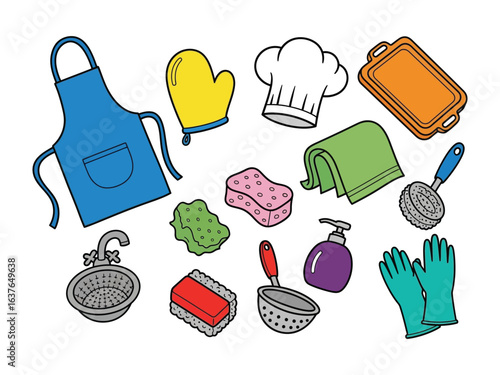 Culinary Craft Essentials: A vibrant compilation of culinary essentials including an apron, oven mitt, chef hat, tray, kitchen cloth, sponge, sink, brush, soap dispenser, colander, and gloves.