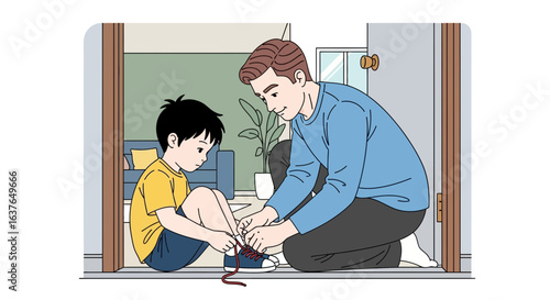 Father helps his son tie his shoelaces inside their home.