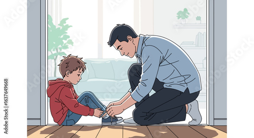 A father kneels to tie his son's shoelaces near a doorway, showing a tender moment of care and connection.