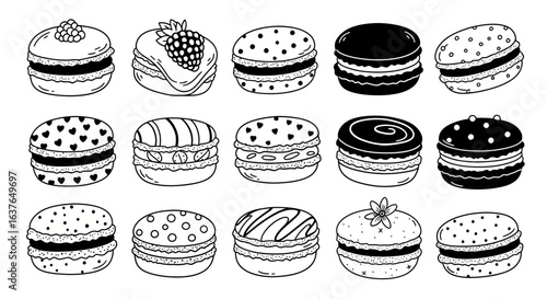 Macaron Vector Pattern with Round Cookie Dessert Sweets and Black Outline Design for Bakery Themed Projects