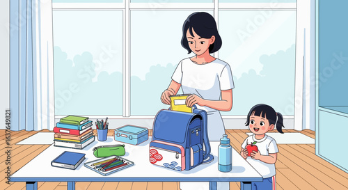 A mother and child preparing for school, packing a backpack full of supplies at a table.