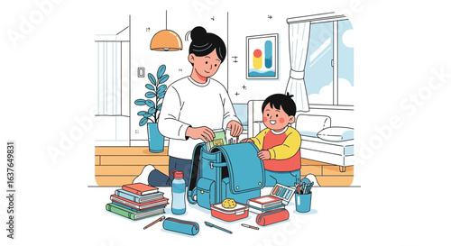 A mother and child preparing a backpack with school supplies inside a bright, well-lit room.