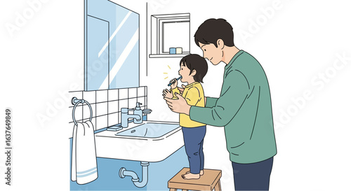 A father helps his young child brush their teeth in the bathroom, standing on a stool in front of the sink.