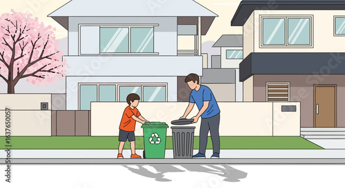 Father and son sorting recycling and trash in a suburban neighborhood.