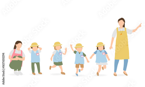 幼稚園児と保育士のイラストセット（登園・日常）