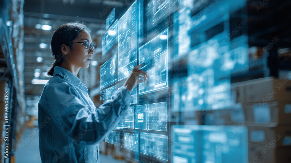 Fototapeta premium Warehouse worker analyzes inventory data using futuristic touch screen interface for efficient supply chain management