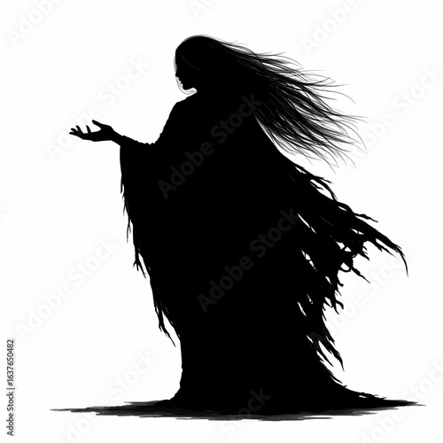 Eerie dark figure with tattered cloak offers outstretched hand in mystery