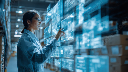 Warehouse worker analyzes inventory data using futuristic touch screen interface for efficient supply chain management