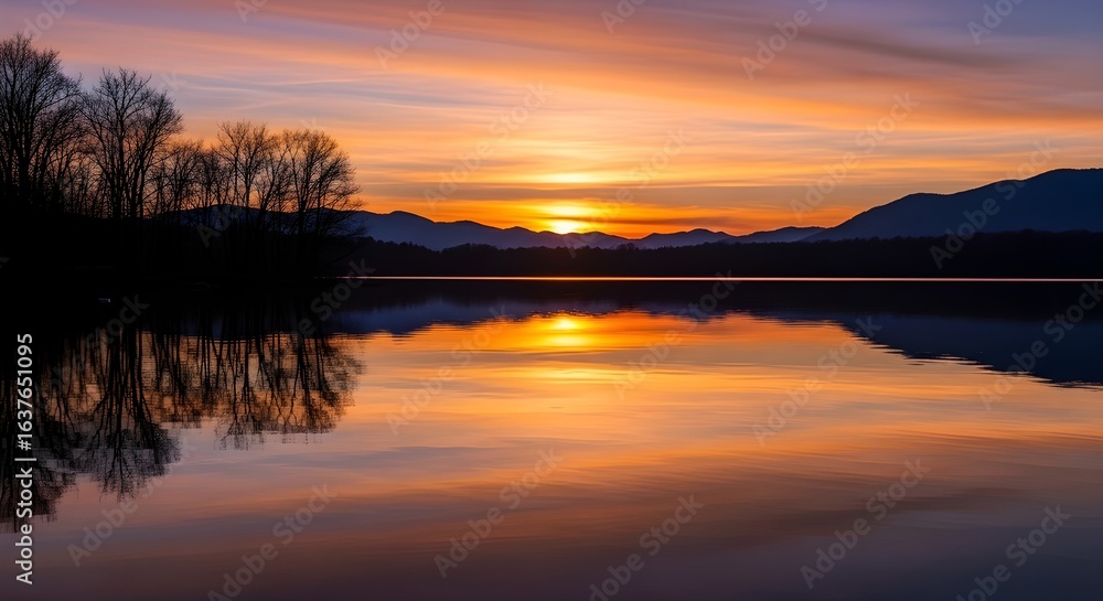 Fototapeta premium sunset on the lake Reflecting Colorful Skies with Tree Silhouettes and Distant Mountains