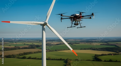 Advanced drone inspects wind turbine blade in expansive green countryside under clear blue sky