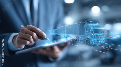 Modern logistics expert managing cargo truck fleet with tablet in futuristic digital interface