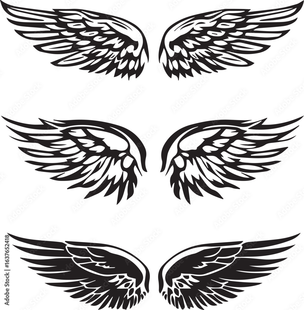 Obraz premium Collection of three pairs of stylized vector wings with detailed feathers