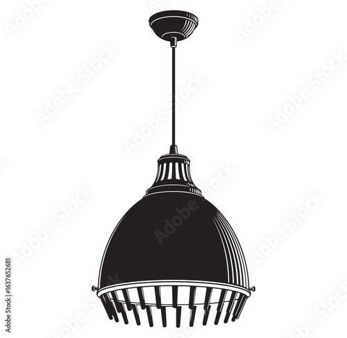 A black and white engraved illustration of a vintage industrial pendant lamp design