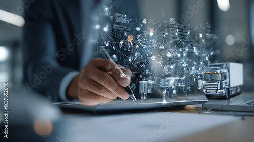 Innovative supply chain solutions with global logistics network and distribution truck model showcase growth