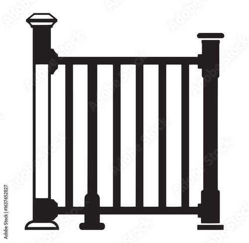 Black and white illustration of a classic wooden fence with decorative posts and rails