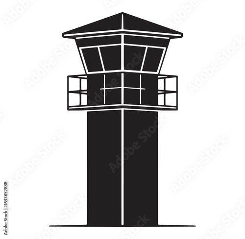 Black and white illustration of a guard tower symbolizing surveillance and security