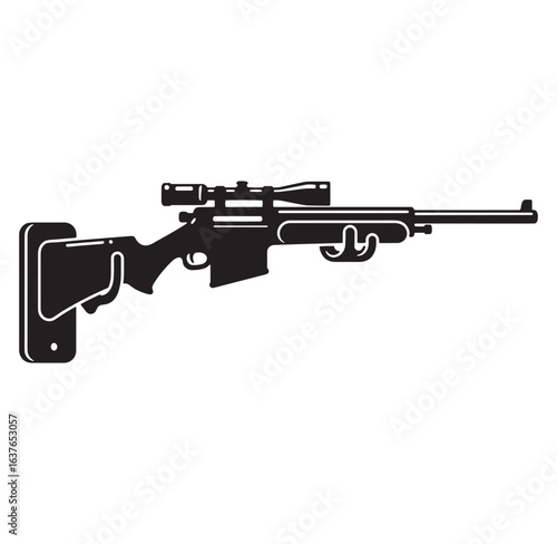 Black and white silhouette illustration of a precision sniper rifle with scope