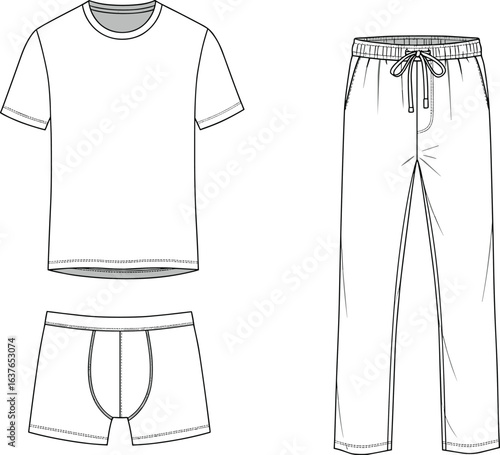 Men’s loungewear flat sketch with T-shirt, boxer briefs, drawstring pants, vector fashion template, technical clothing drawing, casual sleepwear set
