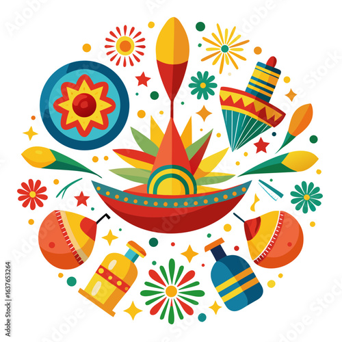 Mexican Independence Day Celebration Vector with Sombrero Maracas Papel Picado and Festive Elements Isolated on White