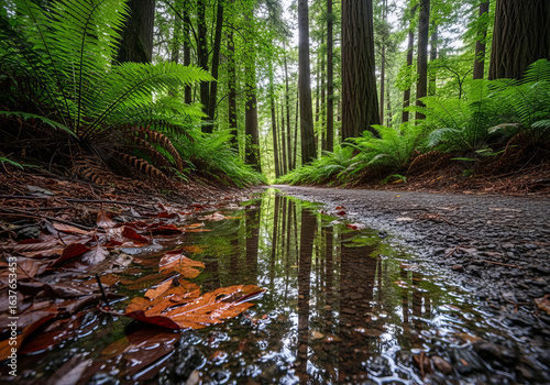 Forest path with a puddle reflecting trees after rain