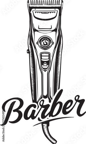 Detailed vintage vector drawing of a hair clipper with a stylish script font logo for barbershops.

