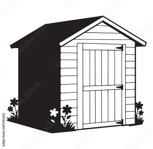 Black and white garden shed vector illustration featuring flowers and grass on a white background