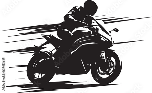 Monochrome silhouette of a motorcycle rider on a sport bike at high speed, motion blur.