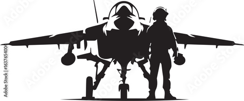 Fighter pilot and jet silhouette, a bold black and white military aviation design.

