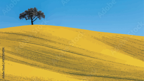 A lone tree stands in a field of yellow grass. The sky is clear and blue, and the sun is shining brightly. The scene is peaceful and serene, with the tree providing a sense of calm and tranquility