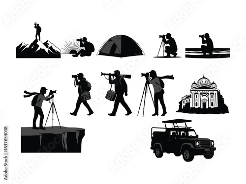Photographer Silhouette: A collection of silhouette illustrations showcasing photographers in various outdoor settings, capturing the essence of exploration and capturing moments through the lens.