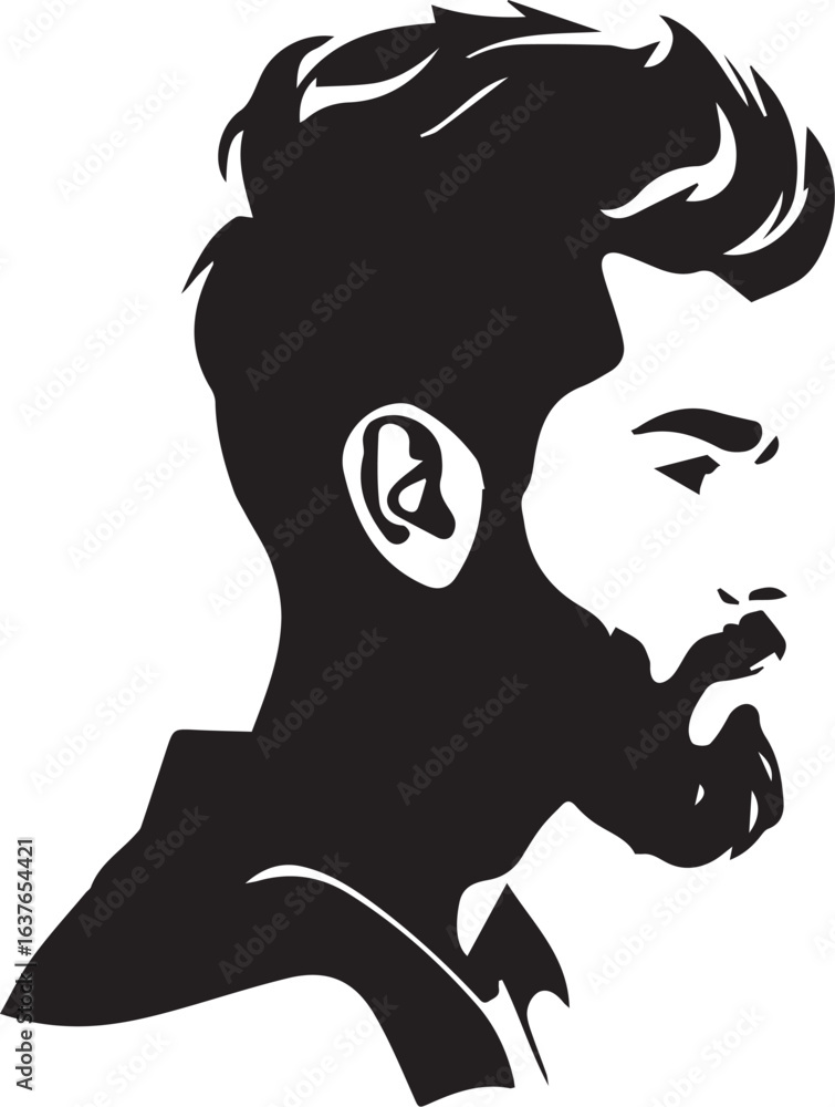 Obraz premium Modern male portrait in profile with trendy haircut and beard, a stylish black and white silhouette.