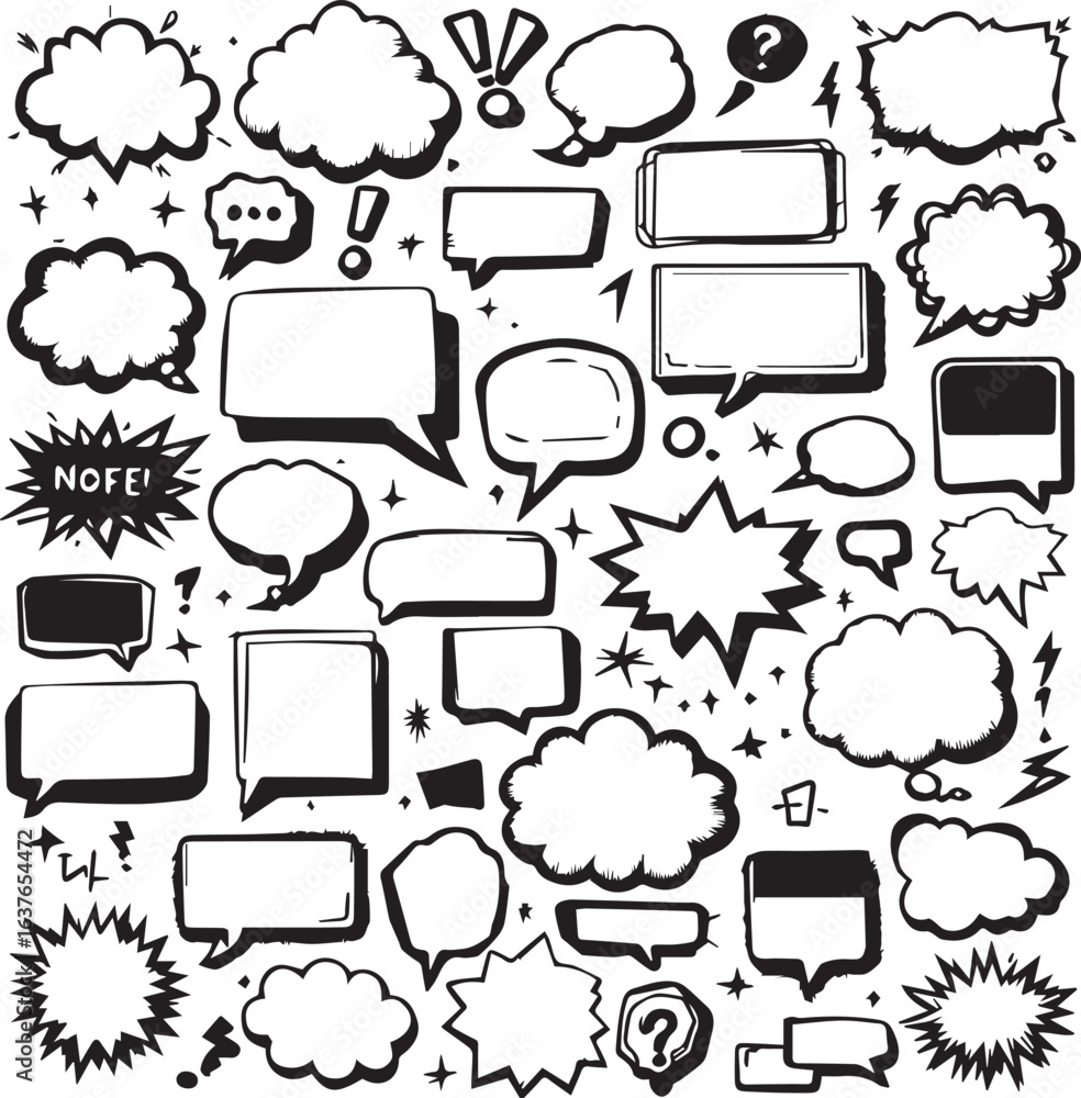 Fototapeta premium Collection of various hand-drawn speech and thought bubbles in a cartoon doodle style.