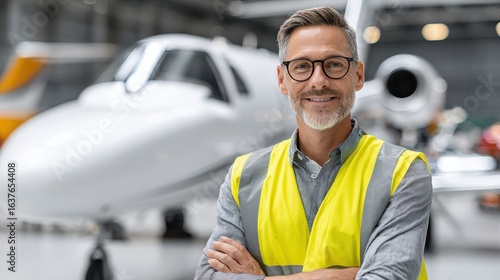 A confident man in a safety vest stands in front of a private jet, showcasing professionalism in an aviation setting.