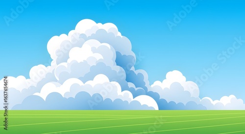Vast Green Field Under a Clear Blue Sky with Majestic Cumulus Clouds, Illustrating Serene Natural Beauty and Open Space.