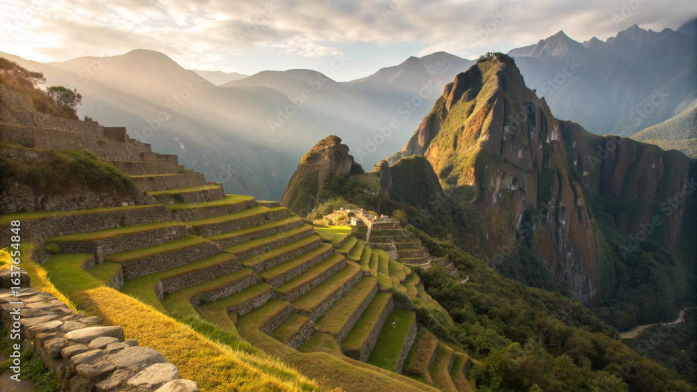 Obraz premium Photo of Ancient Incan agricultural majestic view of machu picchu ruins with snow capped mountain range in the background