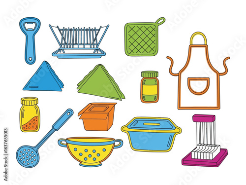 Kitchen Utensil Collection: A visually appealing compilation of kitchen utensils artfully arranged in a vibrant, clean composition. Each item in the collection, from the colander to the bottle opener.