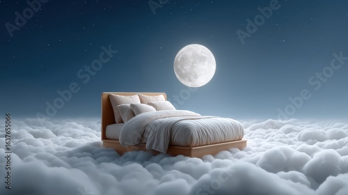 A serene bed floats among clouds under a full moon, evoking a dreamlike atmosphere of tranquility and wonder.