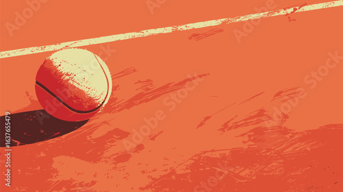 A tennis ball is positioned on a vibrant green tennis court, ready for play. The ball stands out against the courts surface, showcasing the sporty setting.