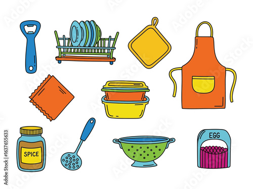 Kitchen Essentials: A collection of kitchen utensils and tools, presented in a clean, graphic illustration style. The assortment features essential items for cooking and food preparation.