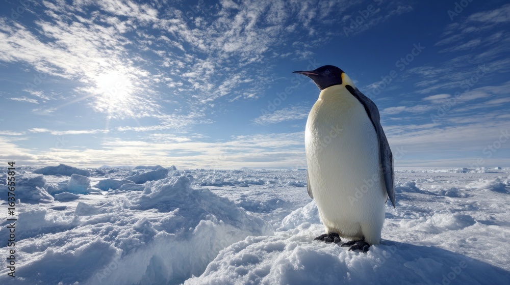 Obraz premium Majestic Emperor penguin standing proudly on ice in the Antarctic under bright sunlight